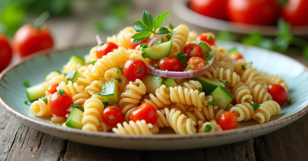 Discover 8 Diverse Ditalini Pasta Recipes for Easy Meals 38 The salad is lightly coated with a lemony dressing, and garnished with fresh herbs like parsley. The setting includes a rustic wooden table and soft natural lighting to evoke a warm, inviting summer gathering vibe."