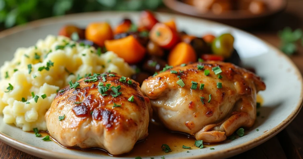 How to Make Tender Slow Cooker Chicken Thighs in 5 Simple Steps 38 "A delicious and visually appealing plate of tender slow cooker chicken thighs served alongside creamy mashed potatoes and vibrant roasted vegetables. The dish is garnished with fresh herbs like parsley and thyme, arranged elegantly on a rustic wooden table. The chicken thighs are golden-brown with crispy skin, showcasing their juicy and flavorful texture. Soft natural lighting highlights the warmth and comfort of the meal."