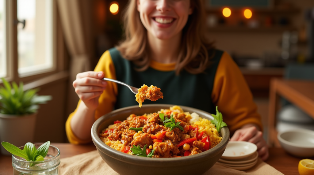 How to Make the Best 30-Minute Dinner 38 A person enjoying a bowl of Sticky Chicken Rice Bowls in a cozy kitchen, smiling and holding a fork with a bite of the flavorful dish. The bowl is filled with sticky chicken, rice, and colorful veggies, with warm lighting creating a welcoming atmosphere.