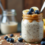 overnight oats in mason jars with strawberries and banana slices on the top, then topped with chia seeds