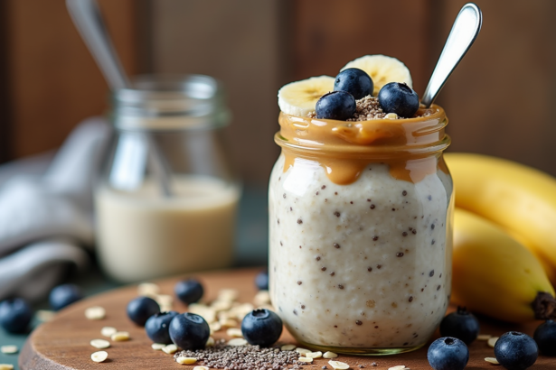 overnight oats in mason jars with strawberries and banana slices on the top, then topped with chia seeds