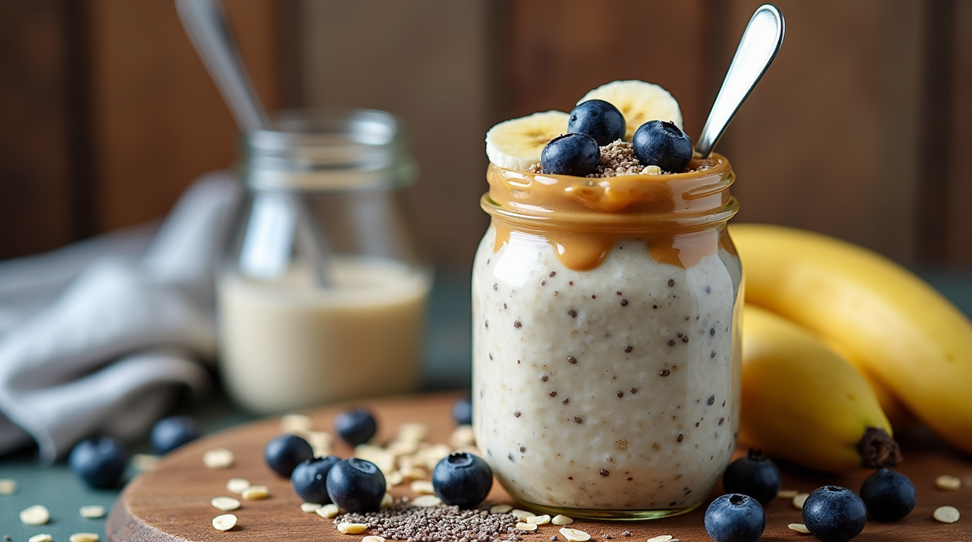 overnight oats in mason jars with strawberries and banana slices on the top, then topped with chia seeds