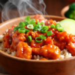 The bowl is filled with sticky chicken, rice, and colorful veggies, with warm lighting creating a welcoming atmosphere.