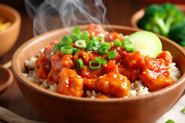 The bowl is filled with sticky chicken, rice, and colorful veggies, with warm lighting creating a welcoming atmosphere.