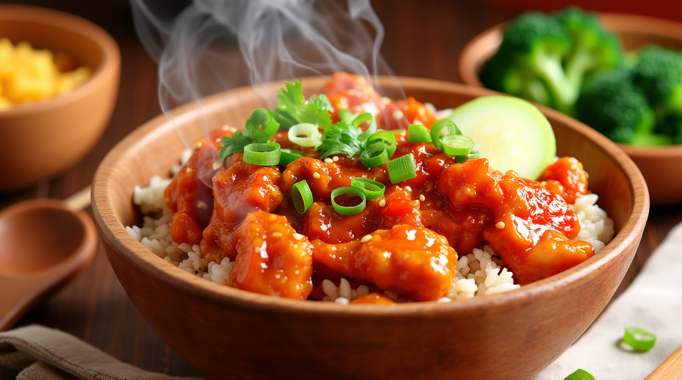 The bowl is filled with sticky chicken, rice, and colorful veggies, with warm lighting creating a welcoming atmosphere.