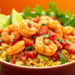 shrimp rice bowl on a wooden table with the words fiesta shrimp rice bowl above it