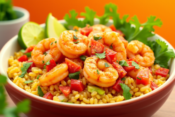 shrimp rice bowl on a wooden table with the words fiesta shrimp rice bowl above it