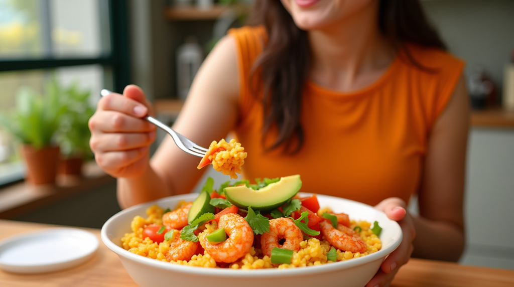 Fiesta Shrimp Rice Bowl: 5 Spicy Twists You’ll Love 38 shrimp rice bowl on a wooden table with the words fiesta shrimp rice bowl above it