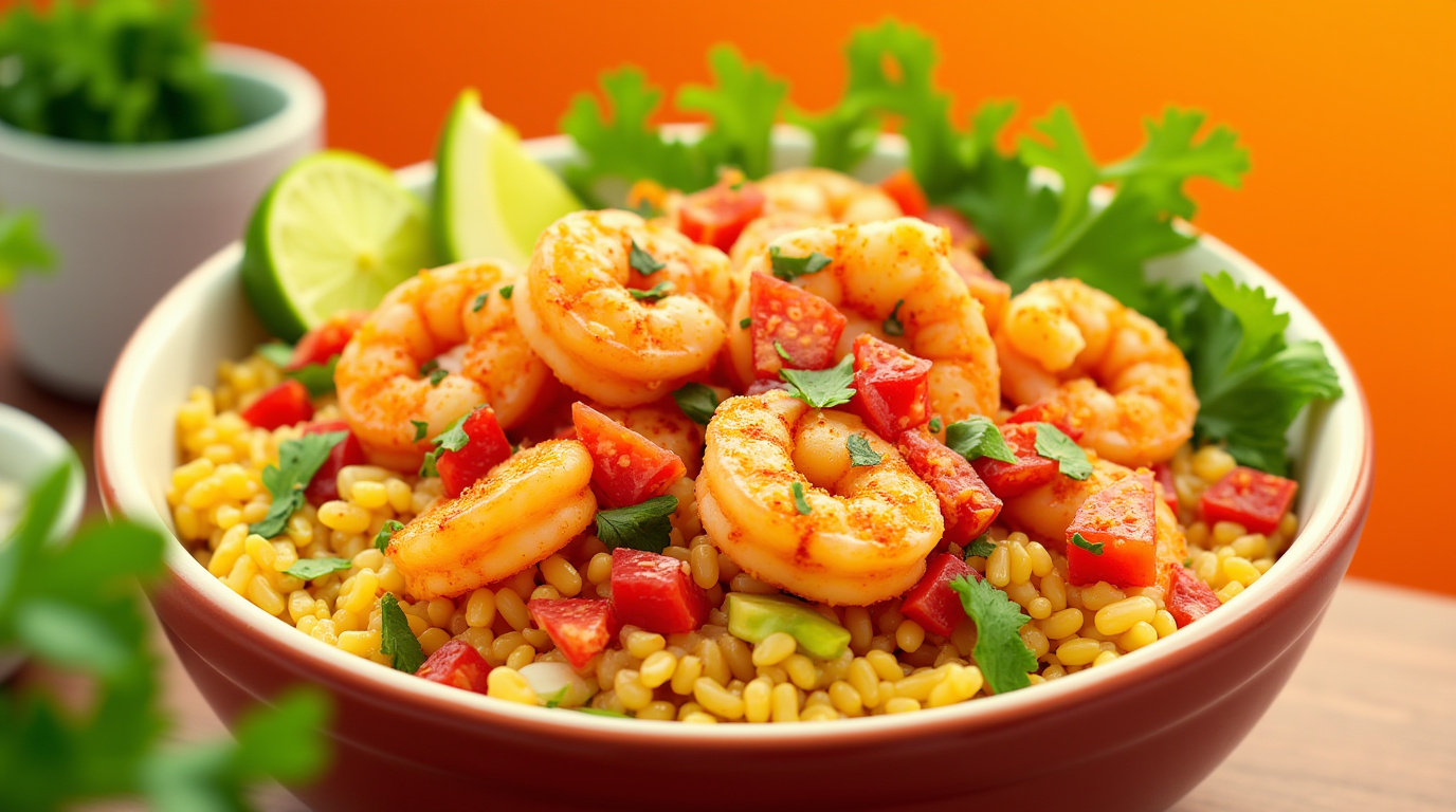 shrimp rice bowl on a wooden table with the words fiesta shrimp rice bowl above it