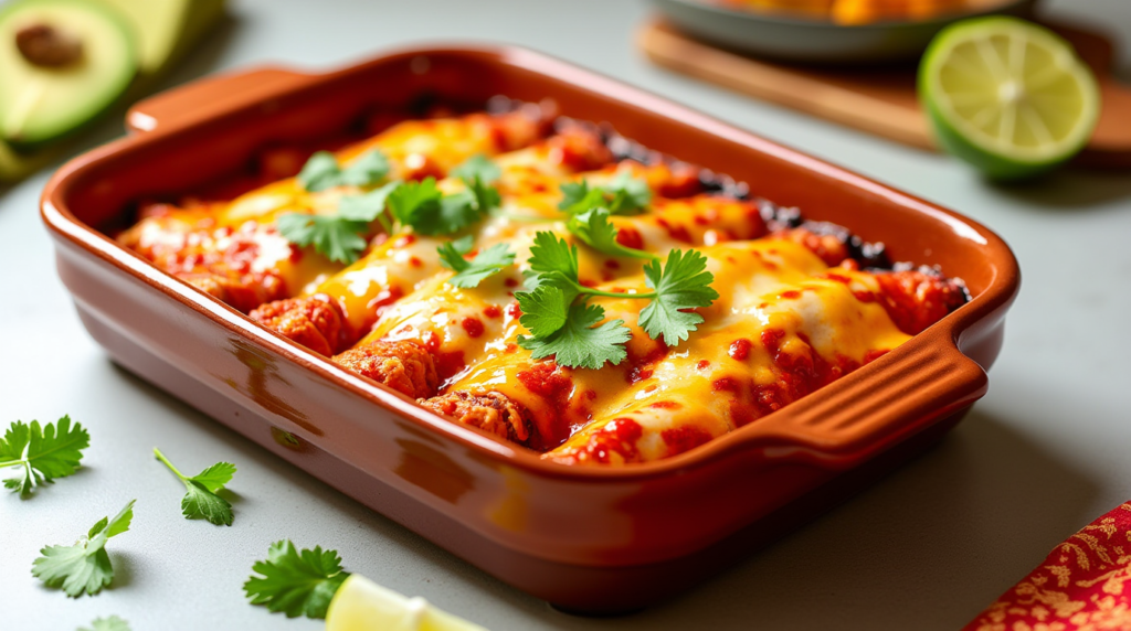 8 Best Healthy Chicken Enchiladas for Weight Loss Goals 38 Bubbling Cheese-topped Healthy-Chicken-Enchiladas with Lime Wedge - Authentic Mexican Dinner Visual