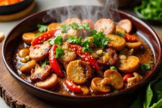 "A delicious plate of Korean mushrooms spiced with chili, garlic, and fresh herbs, ready in just 15 minutes."