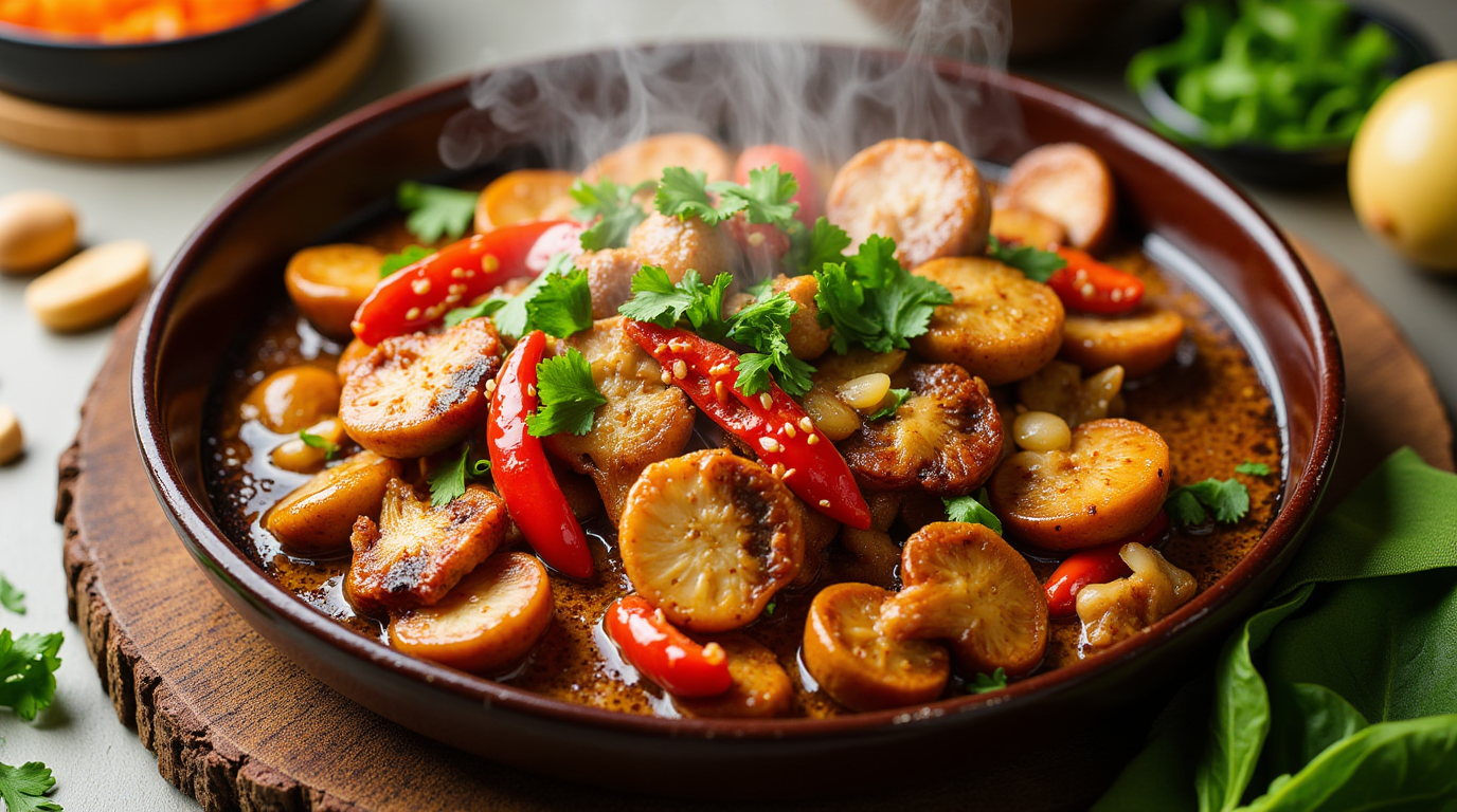 "A delicious plate of Korean mushrooms spiced with chili, garlic, and fresh herbs, ready in just 15 minutes."