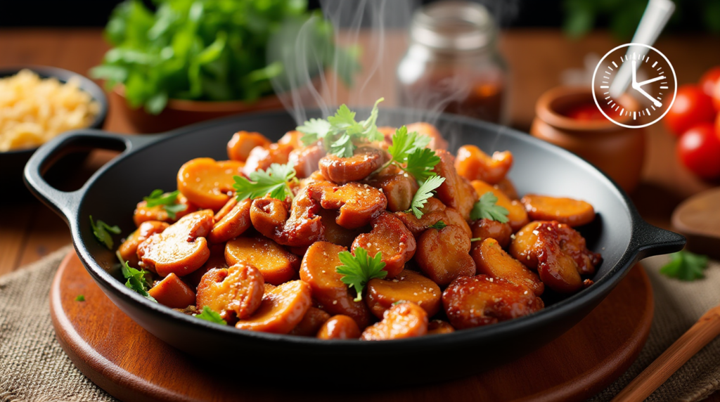 How to Spice Up Your Korean Mushroom Recipe in 15 Minutes 38 Quick and flavorful Korean Mushroom Recipe with bold spices and vibrant garnishes, highlighting a 15-minute cook time.