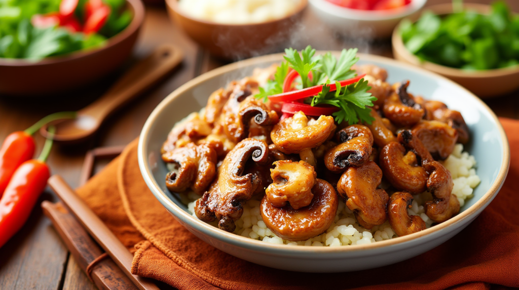How to Spice Up Your Korean Mushroom Recipe in 15 Minutes 39 Steaming bowl of Korean mushrooms with chili and sesame, showcasing a 15-minute recipe for a bold, flavorful dish