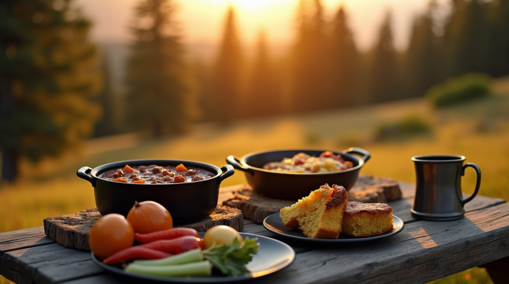 10 Easy Recipes for Your Next Outdoor Adventure (camp food) 38 Delicious camp food idea: one-pot Dutch oven chili recipe with beef, beans, and cheese—perfect for chilly nights under the stars