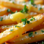 Crispy French fries garlic Parmesan with melted cheese and fresh herbs.