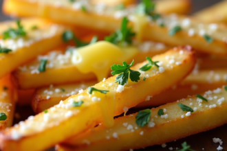 Crispy French fries garlic Parmesan with melted cheese and fresh herbs.