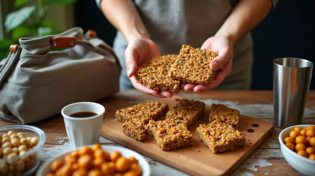 Road Trip Snacks: How To Pack The Best Travel Treats 38 Hands packing homemade granola bars and roasted chickpeas into reusable containers for mess-free travel.