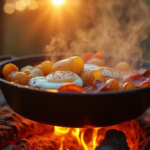 Easy camp food recipe: hearty breakfast skillet with eggs, bacon, and potatoes cooked over a crackling campfire for outdoor adventures