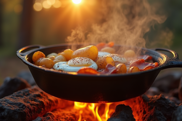 Easy camp food recipe: hearty breakfast skillet with eggs, bacon, and potatoes cooked over a crackling campfire for outdoor adventures