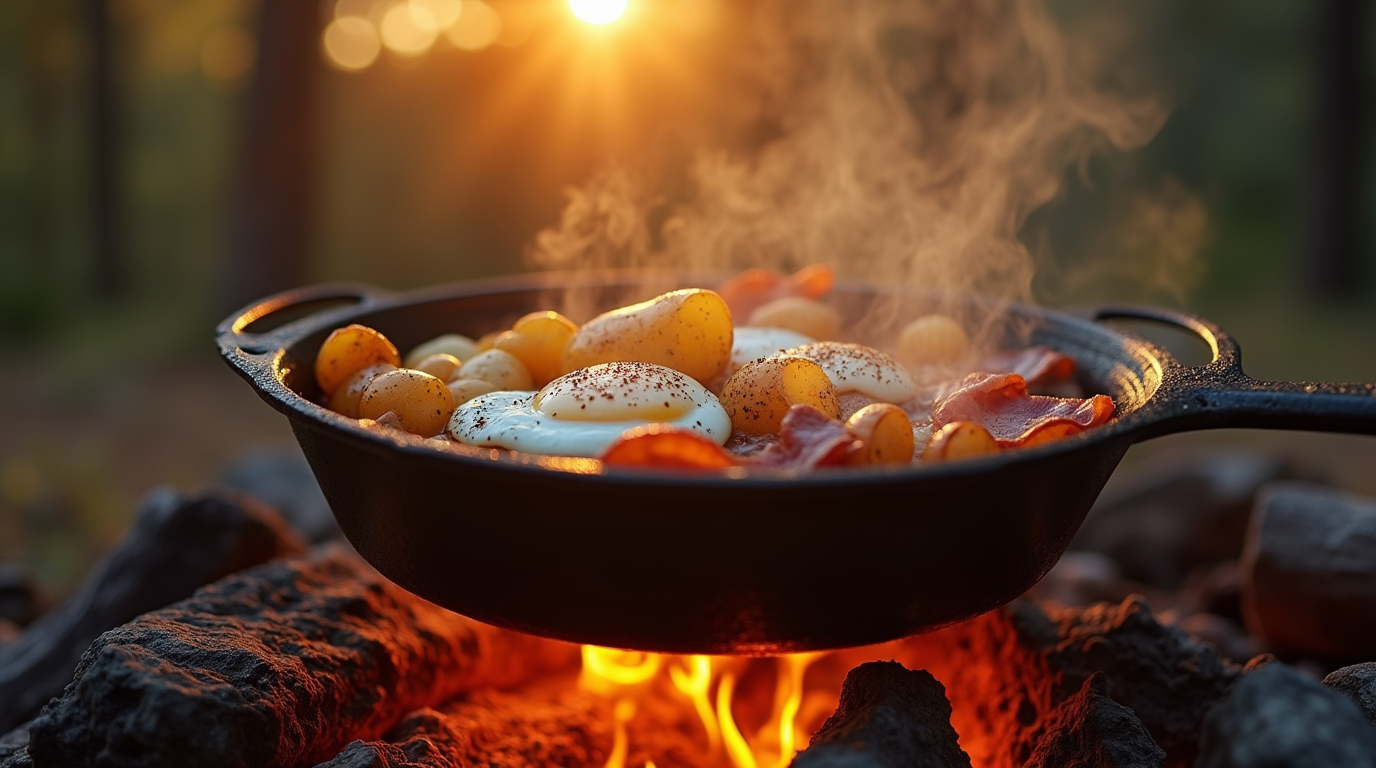 Easy camp food recipe: hearty breakfast skillet with eggs, bacon, and potatoes cooked over a crackling campfire for outdoor adventures