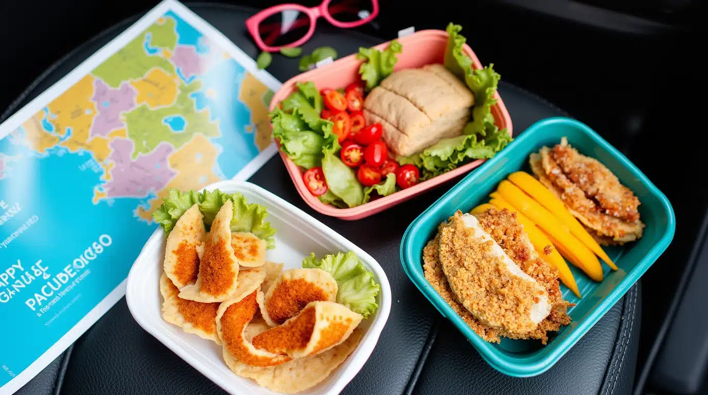 Colorful assortment of road trip snacks on a car seat including popcorn, nuts, and fruit.